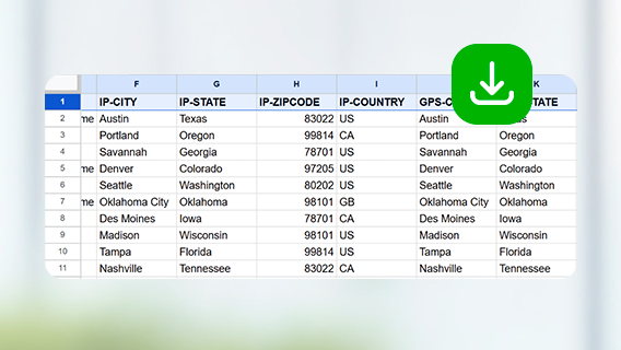 Spreadsheet report showing IP city, state, country, and ZIP code data